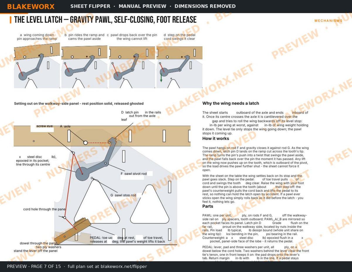 Build manual preview, page 07: the level latch, gravity pawl, counterweight disc and foot release (dimensions removed)