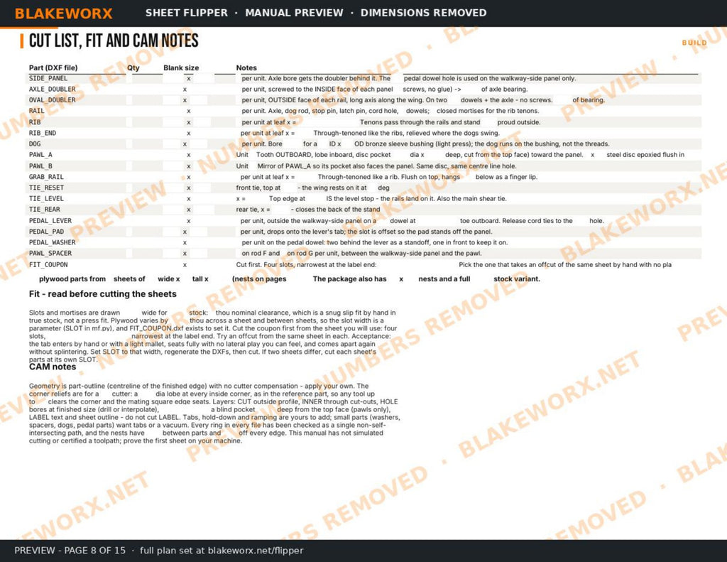 Build manual preview, page 08: cut list, fit and CAM notes (dimensions removed)