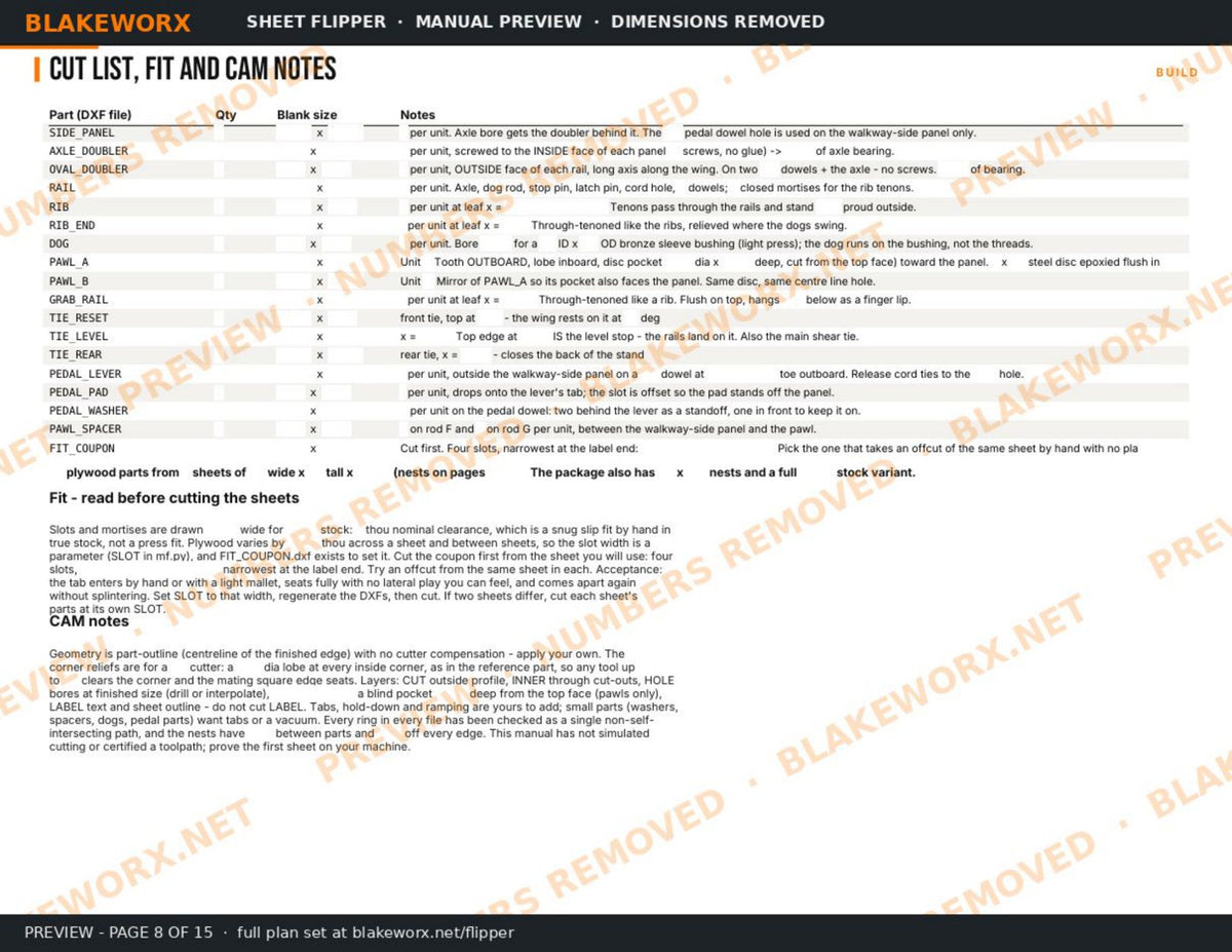 Build manual preview, page 08: cut list, fit and CAM notes (dimensions removed)