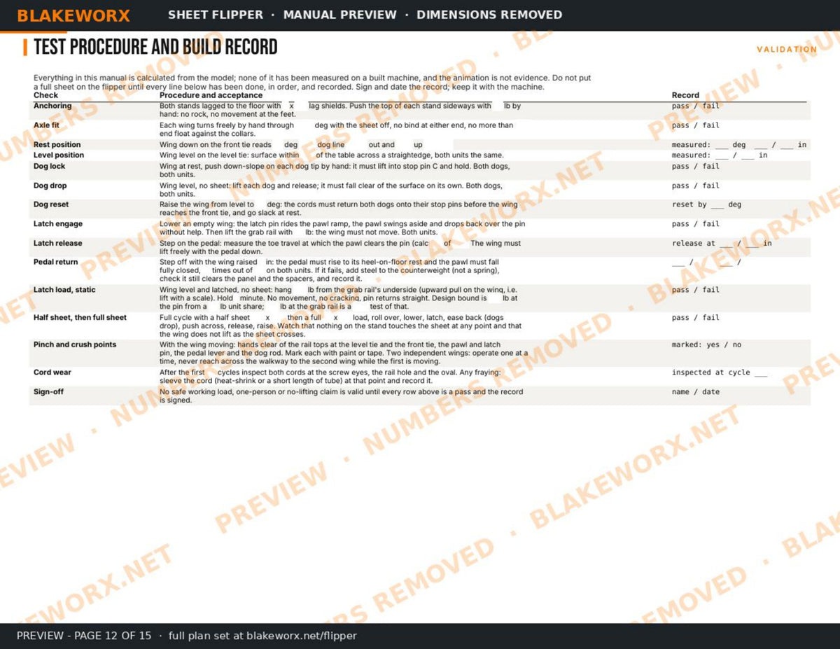 Build manual preview, page 12: test procedure and build record (dimensions removed)