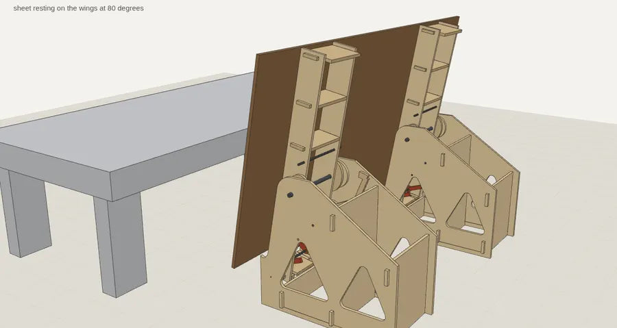 3-D model of the Sheet Flipper tipping a full sheet beside the CNC table