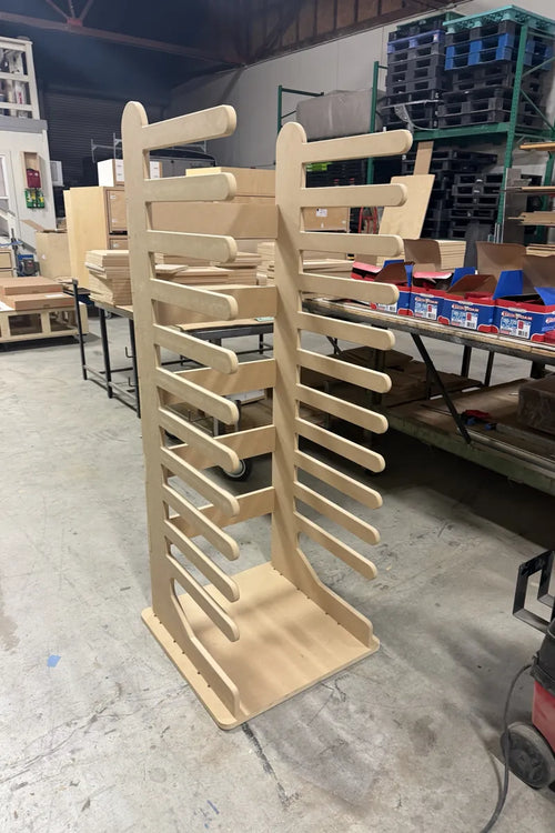 Standard door rack cut from MDF, standing empty in the BLAKEWORX shop